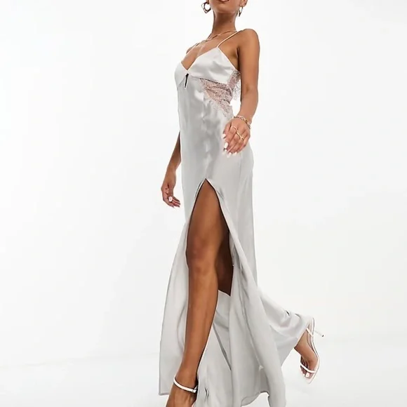 ASOS Design Silver Satin Maxi Dress Lace Back Cutout Slit Size Small 4 - Picture 4 of 10